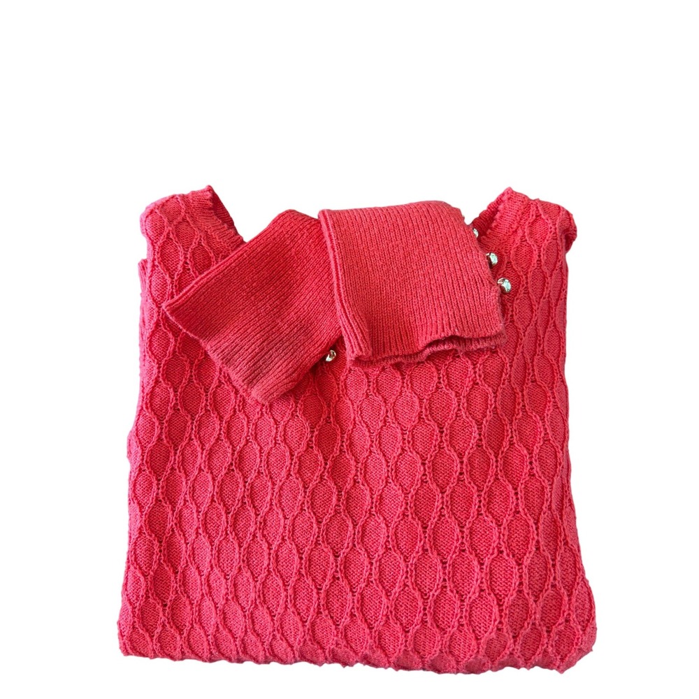 Lilly Pulitzer Red Honeycomb Knit Puff Sleeve Button Cuff Sweater 007002 Large - Picture 9 of 10